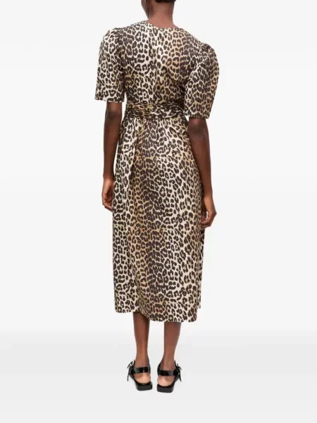 Rochie midi Ganni cu funde cu model leopard