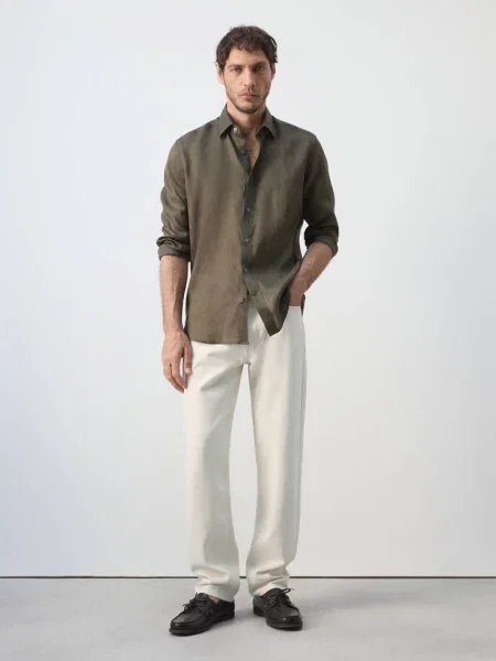Koszula regular fit z lnu średni Mężczyzna S MANGO MAN zielony