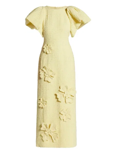 Rochie florală Leo Lin cu model floral cu aplicații din tweed galben