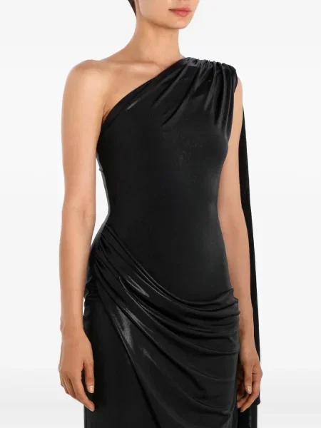 Rochie midi Post Meridiem drapată până la genunchi cu un umăr gol negru