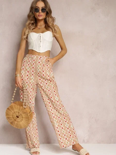 Pantaloni largi cu imprimeu fantezie din Rosabella bej