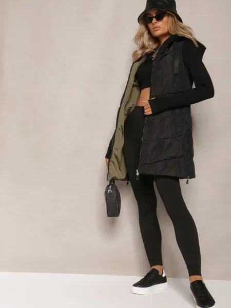 Vestă lungă matlasată reversibilă cu șnururi la glugă Frenila neagră