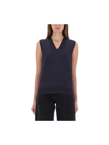 Sweter Maison Margiela wełniany bez rękawów z dekoltem w serek niebieski