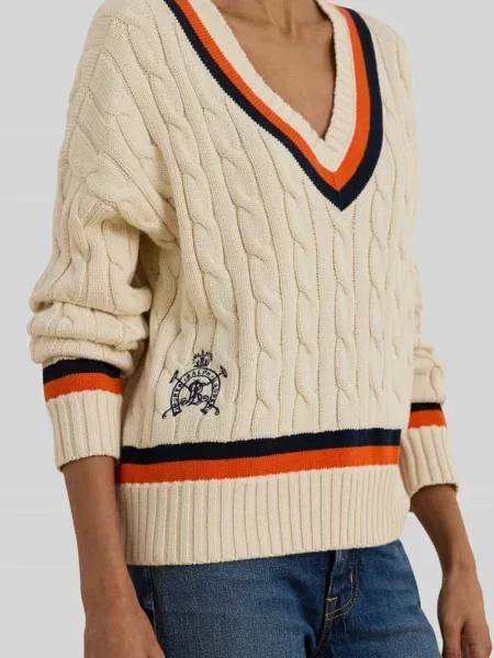 Sweter z dzianiny o kroju regular fit z czystej bawełny Lauren Ralph Lauren beżowy