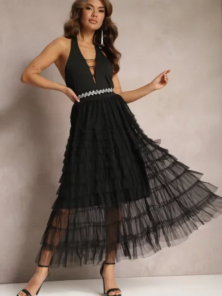 Tiulowa Spódnica Maxi z Gumką w Pasie Oliviah czarna