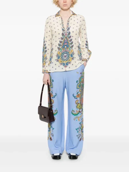 Pantaloni Etro de mătase cu model floral albastru