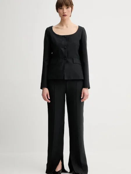 Remain spodnie z domieszką lnu proste high waist czarny