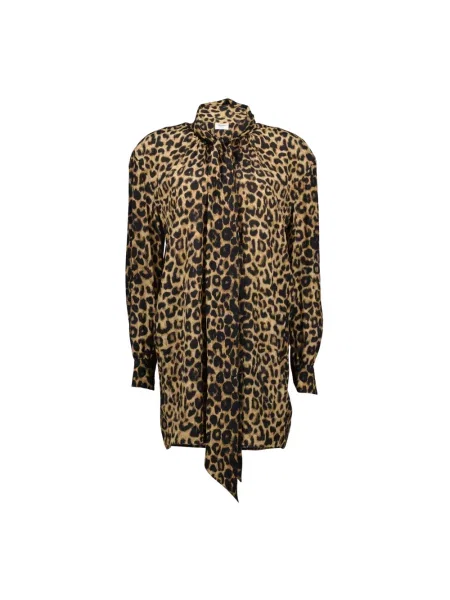 Sukienka midi Saint Laurent w panterkę do kolan brązowa