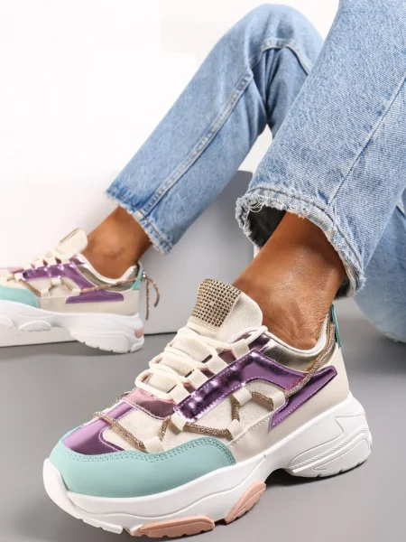 Sneakers Bej-Violet cu Șiret cu Pietre Nathanias bej
