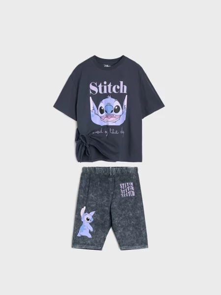Sinsay set: tričko a cyklistické šortky s potiskem Stitch vícebarevná