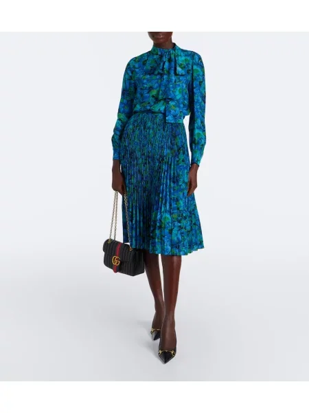 Fustă midi Gucci de mătase cu model floral albastru
