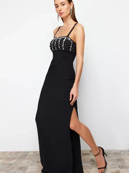 Lung rochie de seară Trendyol cu strasuri negru