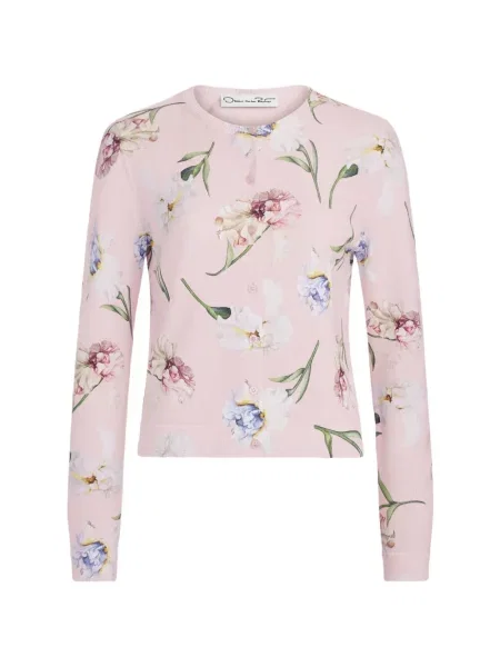Cardigan Oscar De La Renta cu model floral cu imagine roz