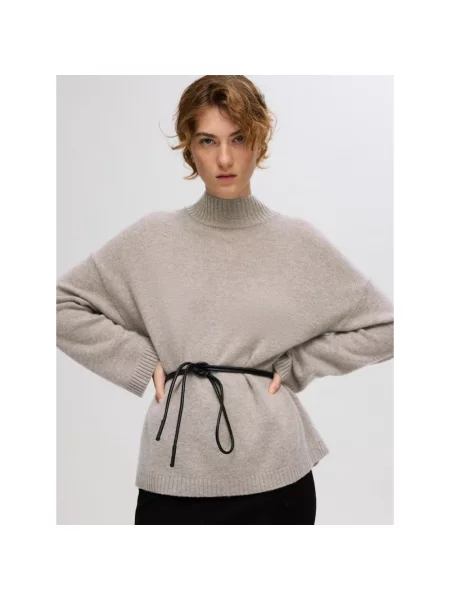 Sweter z golfem Selected Femme wełniany beżowy