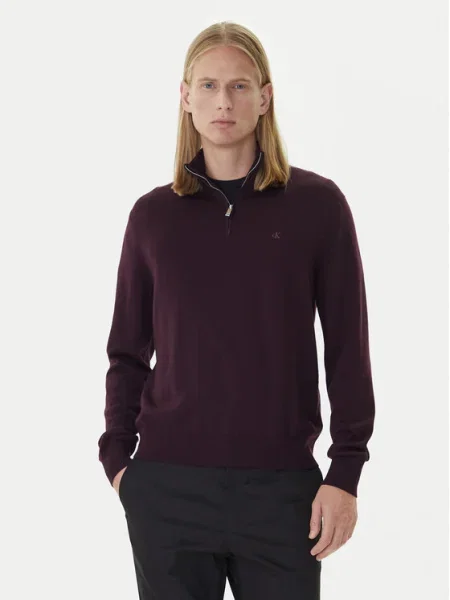Вълнен пуловер Calvin Klein мъжки от лека материя с ниско поло бордо