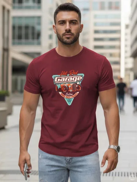 Koszulka z nadrukiem HOT ROD GARAGE bordowa Dstreet