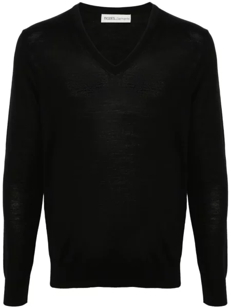 Sweter Modes Garments wełniany z dekoltem w serek czarny