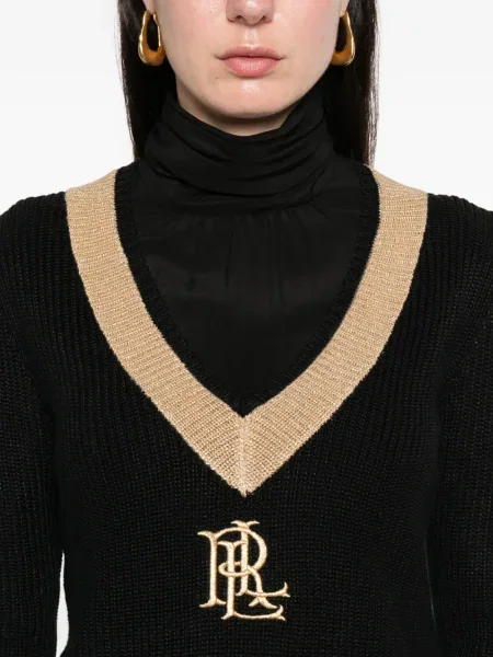 Пуловер Lauren Ralph Lauren с V-образно деколте с автограф черно