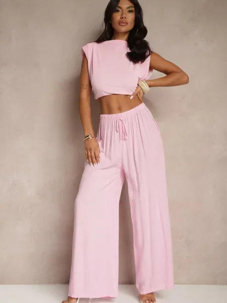 Szerokie Spodnie High Waist z Gumką w Talii Ilnena różowe
