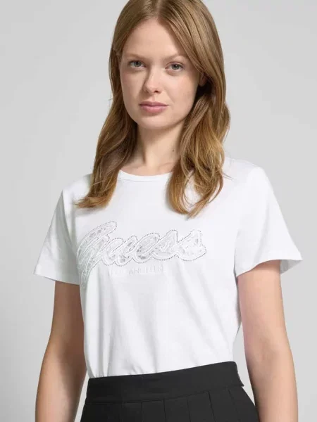 T-shirt z z obszyciem kamieniami stras Guess biała