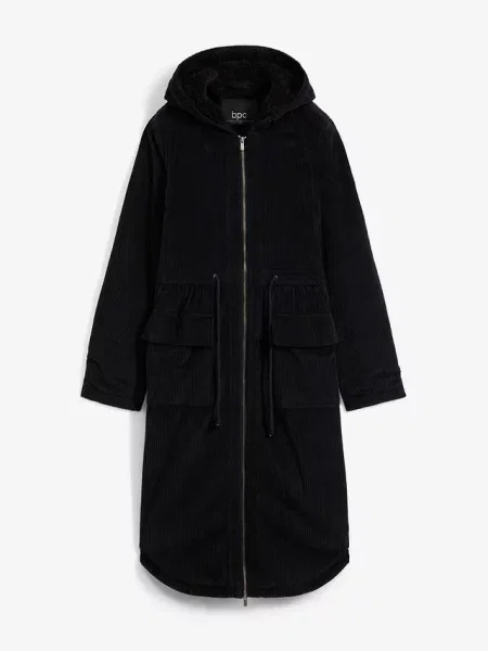 Płaszcz z bawełnianego sztruksu z kapturem z polarowego kożuszka czarny