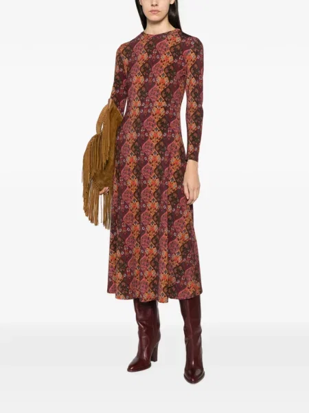 Lung rochie midi Siyu cu model floral cu imagine maro