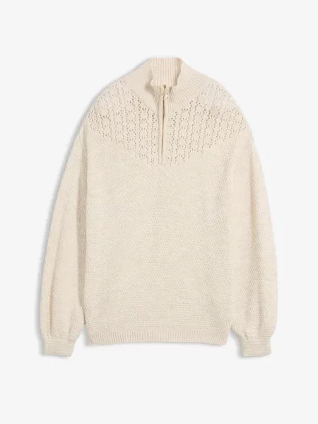 Sweter ze stójką w ażurowy wzór beżowy