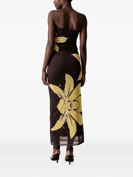Rochie maxi Bardot cu model floral cu imagine maro