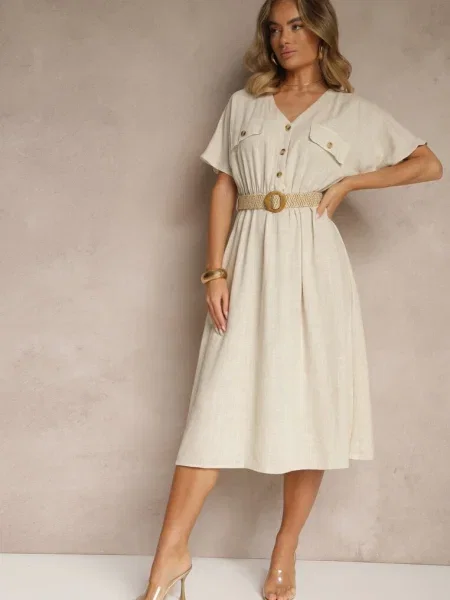 Rochie Cămașă Midi din cu în Talie și Împletită Emera bej