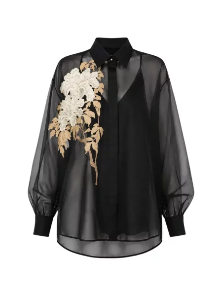 Cămașă Max Mara cu broderie de mătase cu model floral negru