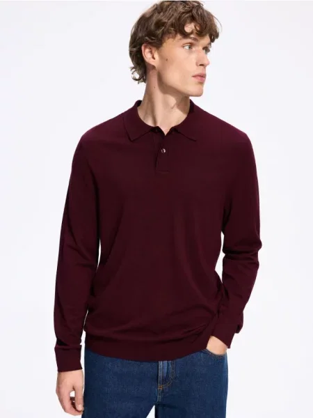 Reserved Sweter polo z wiskozą mahoniowy