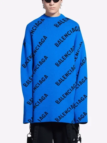 Džemper Balenciaga s autogramom plava