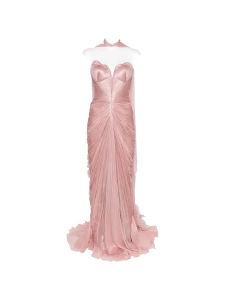 Rochie maxi Iris Serban cu volane fără bretele roz