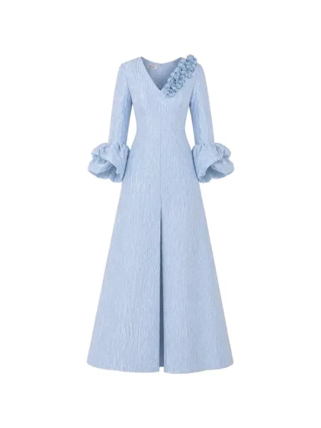 Rochie maxi Baruni cu model floral în linie A albastru