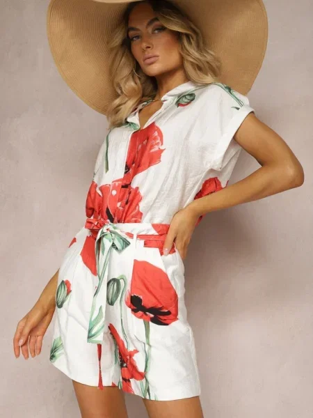 Bermude bej-roșii cu imprimeu maci și fundă în talie Liecara bej