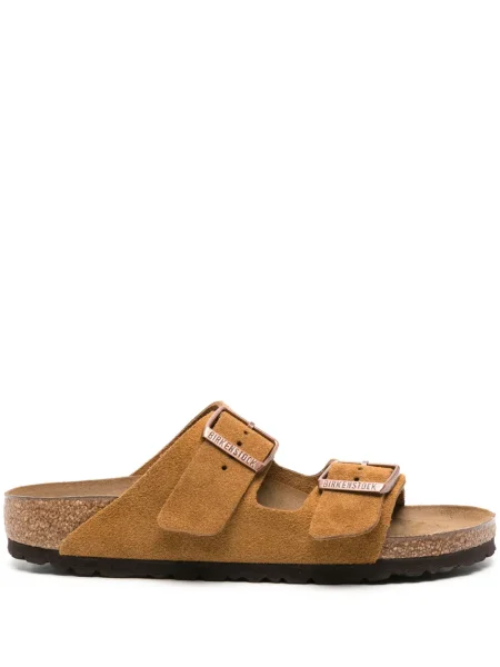 Sandale Birkenstock din piele de căprioară fără toc maro