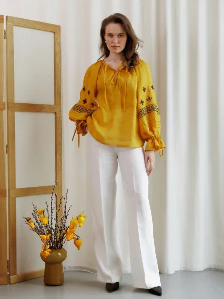 Льняная рубашка Embroidered Gem с вышивкой желтая