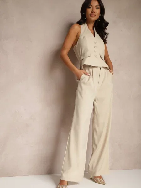 Komplet Garniturowy na Lato Szerokie Spodnie i Kamizelka Nenisse beżowy