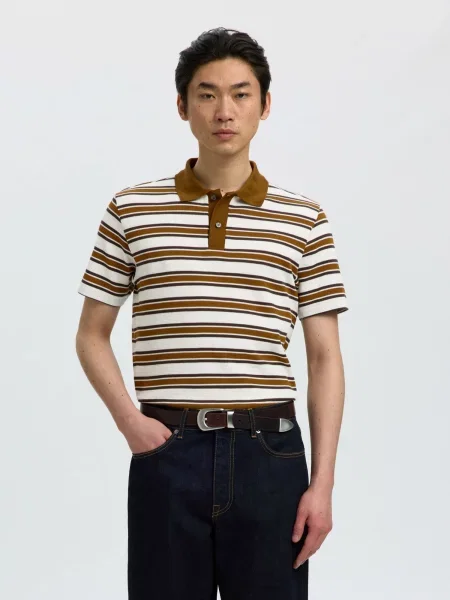 SELECTED Tricou SLMJASPER maro caramel / maro închis alb