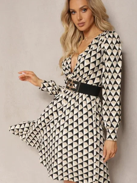 Sukienka Mini w Geometryczny Wzór z Długim Rękawem Ezrie beżowa