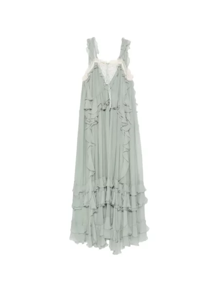 Rochie maxi Chloé de mătase cu volane verde