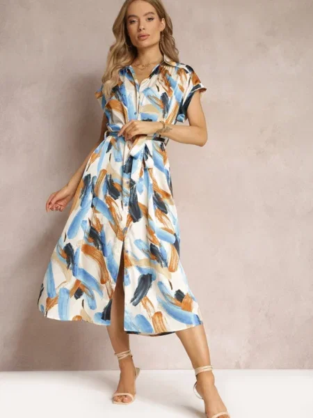 Rochie Midi Imprimată cu Guler și din Jenica albastră