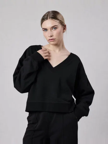 OWN Off With Nature Mikina Felpa Scollo a V Loose Fit in Interlock Black' černá