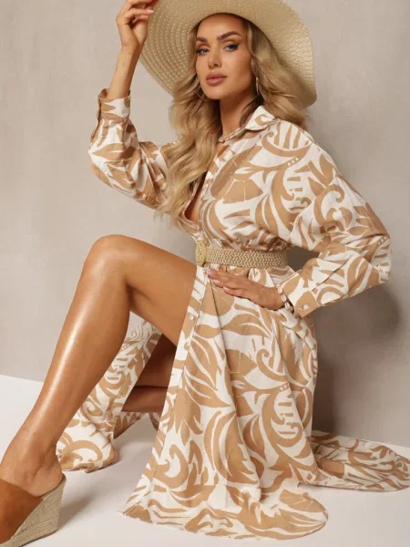 Rozkloszowana Sukienka w Kroju Szmizjerki z Zapięciem na i Falbanką Kelloena beżowa