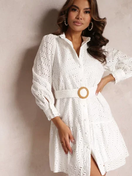 Sukienka Koszulowa z i Haftem z Drobnymi Wycięciami Clea biała