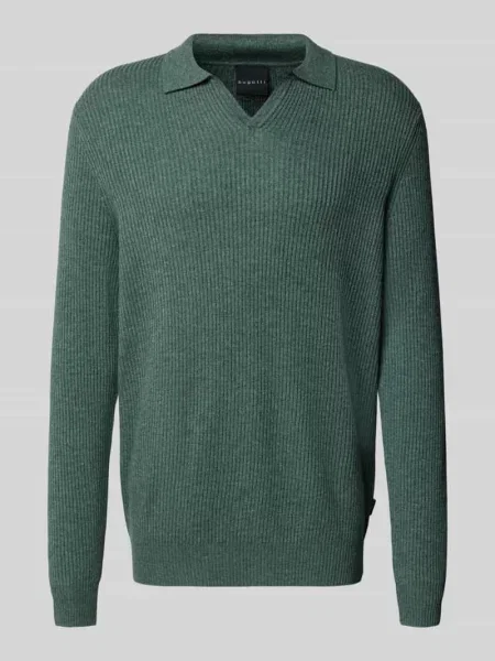 Sweter z dzianiny z kołnierzykiem polo Bugatti khaki