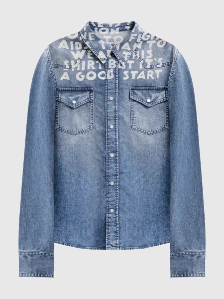 Джинсова сорочка з принтом напису Maison Margiela Mm6 синя