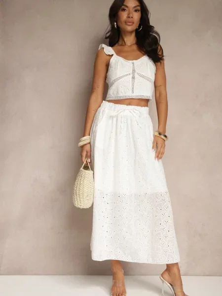 Boho Komplet Top Koronkowy na Ramiączkach Spódnica z Gumką w Pasie Evoolia biały