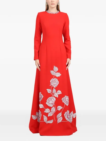 Rochie maxi Dina Melwani cu model floral de costum roșu