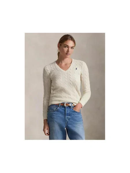 Sweter Polo Ralph Lauren z dekoltem w serek wełniany beżowy